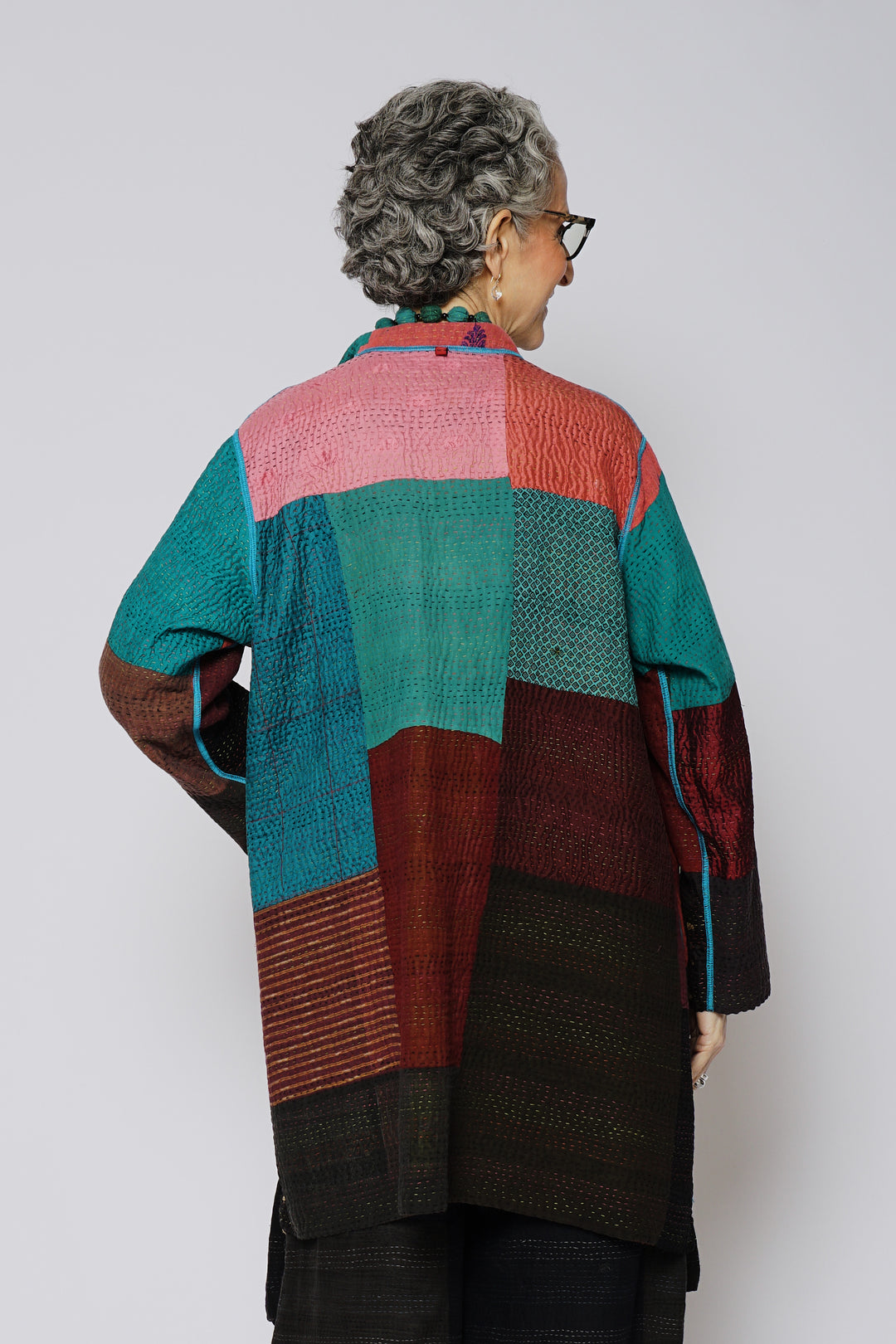 BAGH PRINT KANTHA KAFTAN JACKET MEDIUM - bg4089-brn -