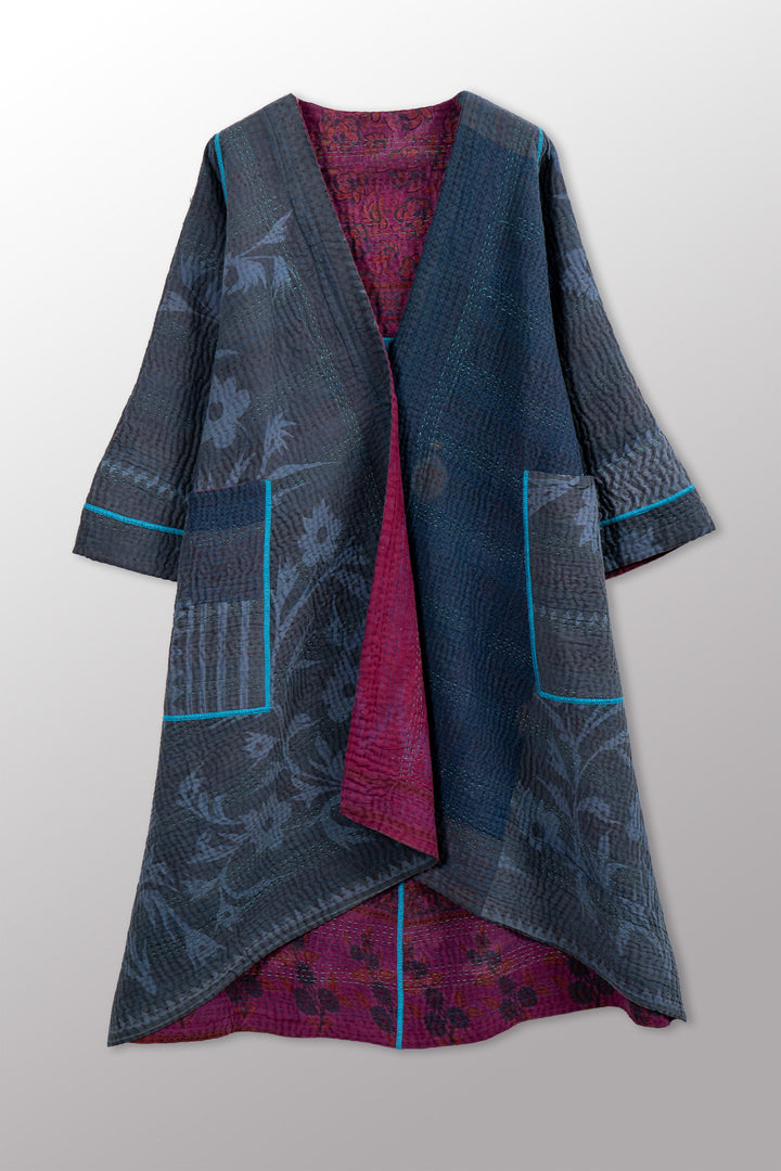 COTTON OVERDYE KANTHA WRAP FLARE COAT - ov4330-cfus002a -