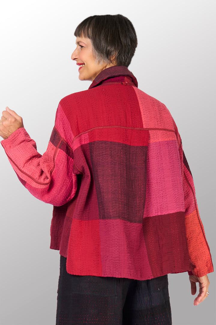 STRIPE AND CHECK COTTON SILK PATCH KANTHA CROPPED SHIRT JACKET - ss4075-red -