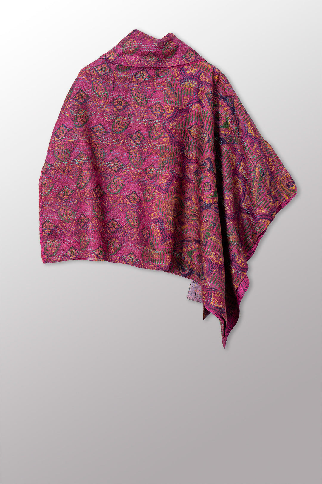 VINTAGE SILK KANTHA COWL NECK LONG CAPE - sv2842-0025a -