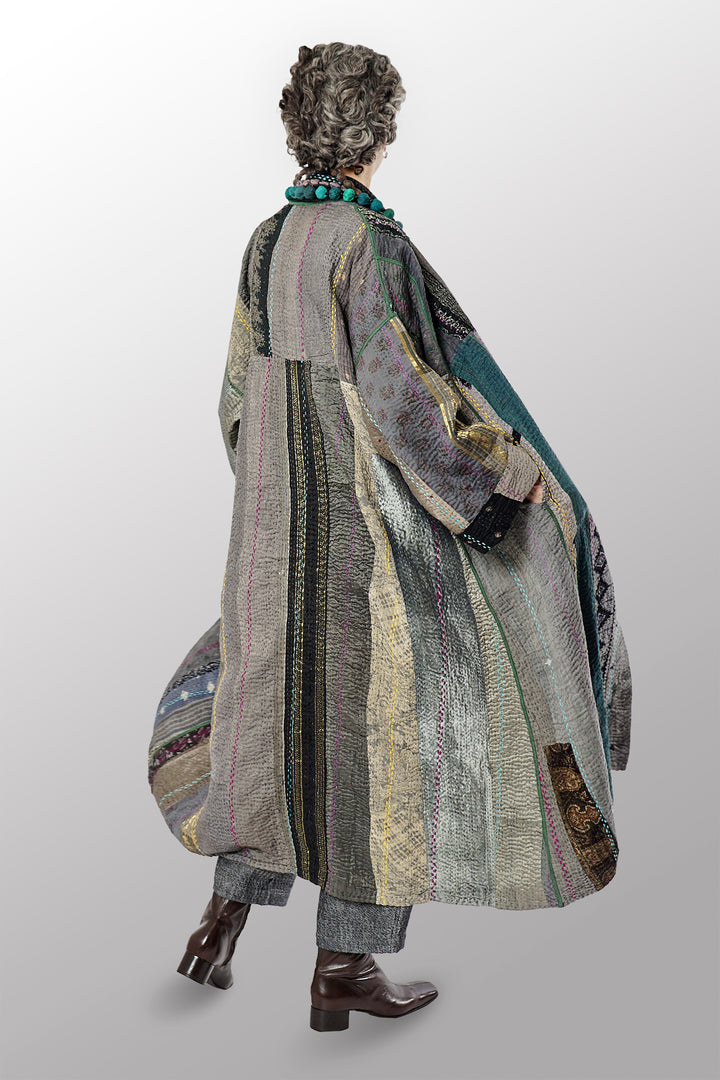 JEWEL WOVEN WITH VERTICAL PATCH KANTHA OVERSIZED COAT - jv4326-gry -