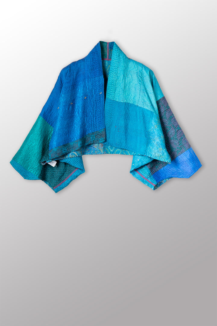 JACQUARD SILK KANTHA PUFF SLV. SHRUG - js4062-blu -