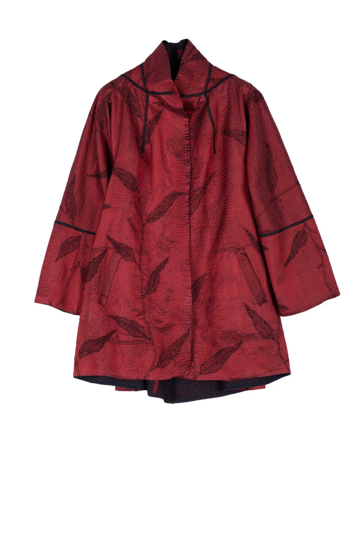 NIGHT BAMBOO SILK COTTON KANTHA FLARE LONG JKT - nb2021-red -