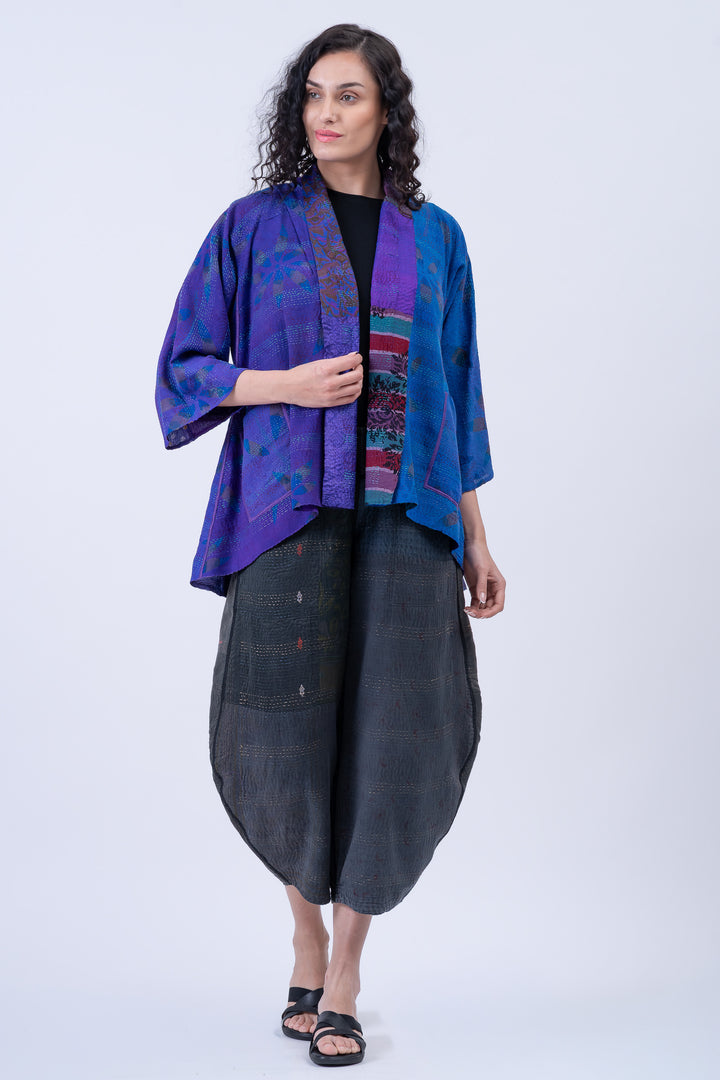 GEORGETTE VINTAGE SILK PATCH KANTHA KIMONO JACKET - gs2004-prp -
