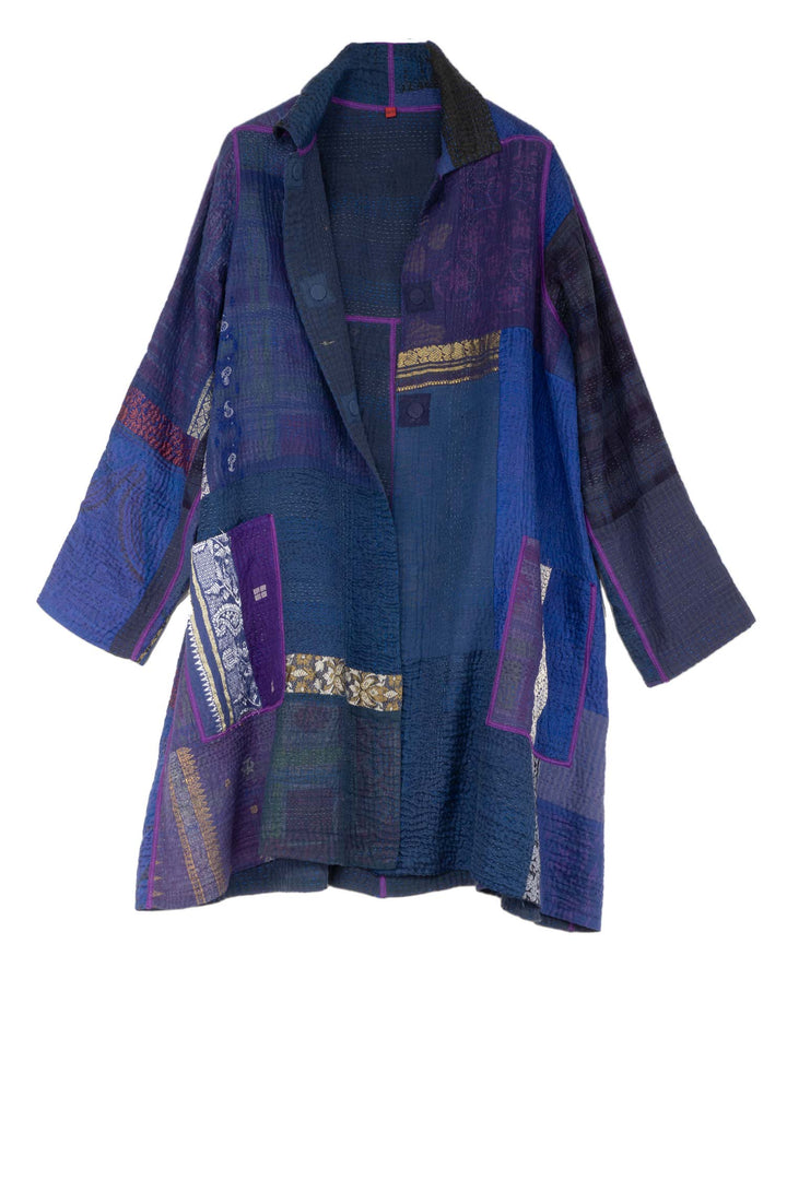 COTTON SILK SW PATCH KANTHA A-LINE DUSTER - ws4311-nvy -