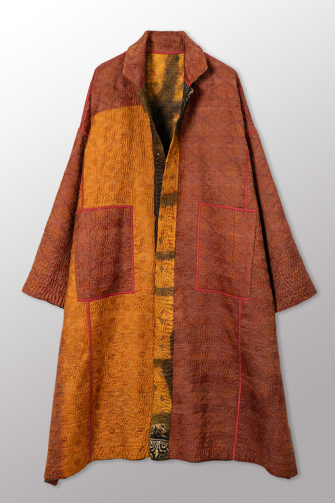 VINTAGE PRINTED SILK CLAMP DYE WITH JACQUARD KANTHA NEW OVERSIZED COAT - sk4342-0003a -