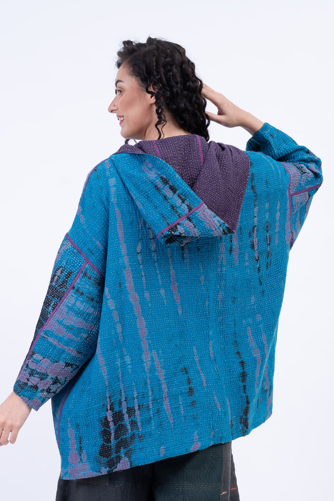 MONE SHIBORI TIE DYE KANTHA HOODIE PONCHO - ms5064-tuq -