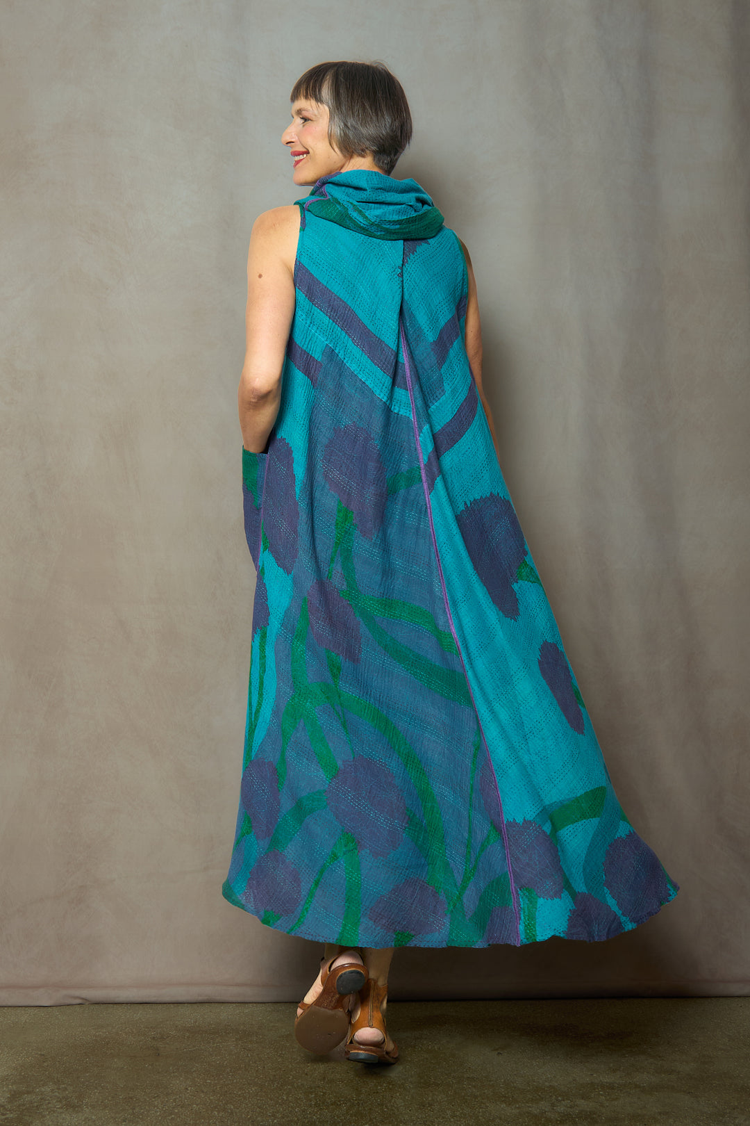 MARIGOLD PRINT WITH OVERDYE KANTHA COWL NECK MAXI DRESS - ov-mg2438-tuq -
