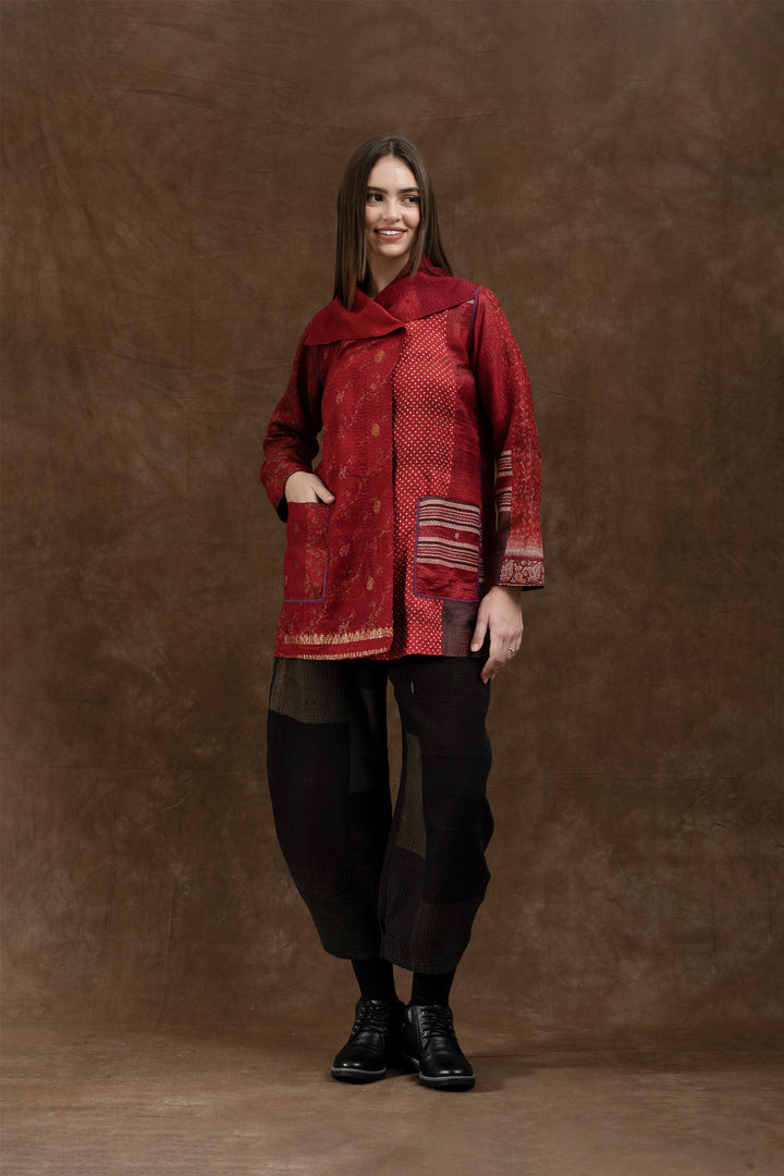 VINTAGE SILK PATCH KANTHA POCKET JKT - vp2002-red -