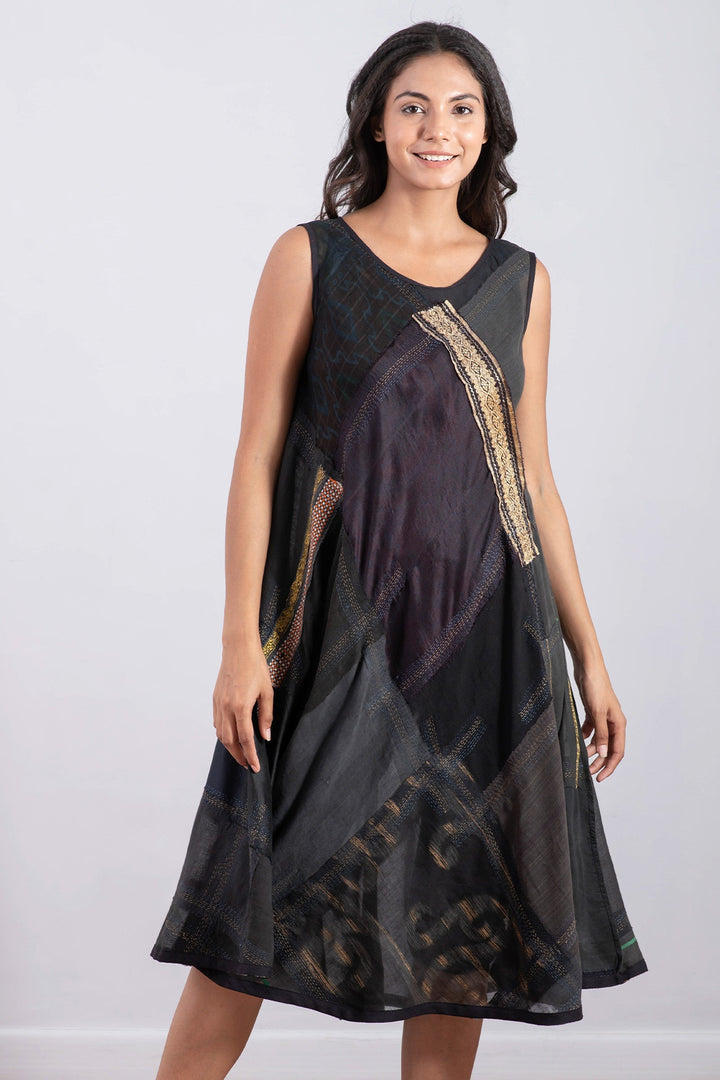 MOSAIC TILE PATCH KANTHA FULL CIRCULAR DRESS CITY - mt1421-blk -