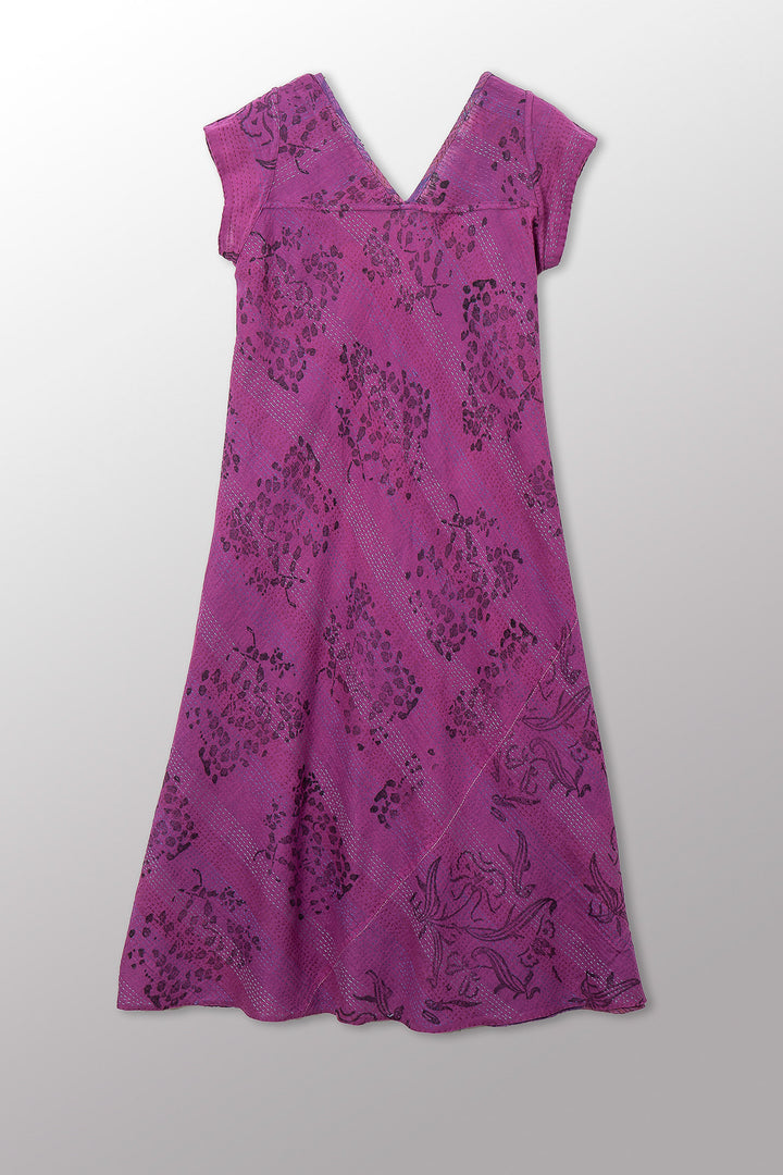 VINTAGE COTTON & NEW VOILE KANTHA CAP SLV. FLARE DRESS - cn2425-0010m -