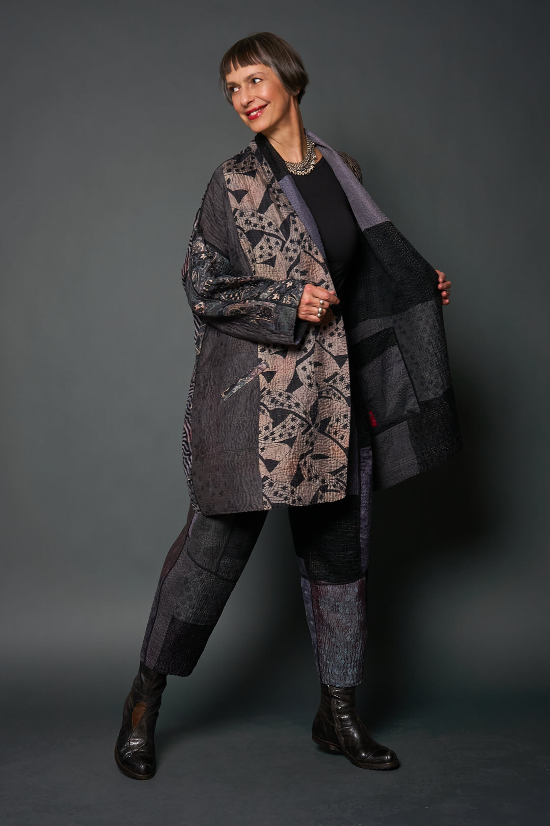 JACQUARD SILK KANTHA KAFTAN JACKET MEDIUM - js4089-blk -