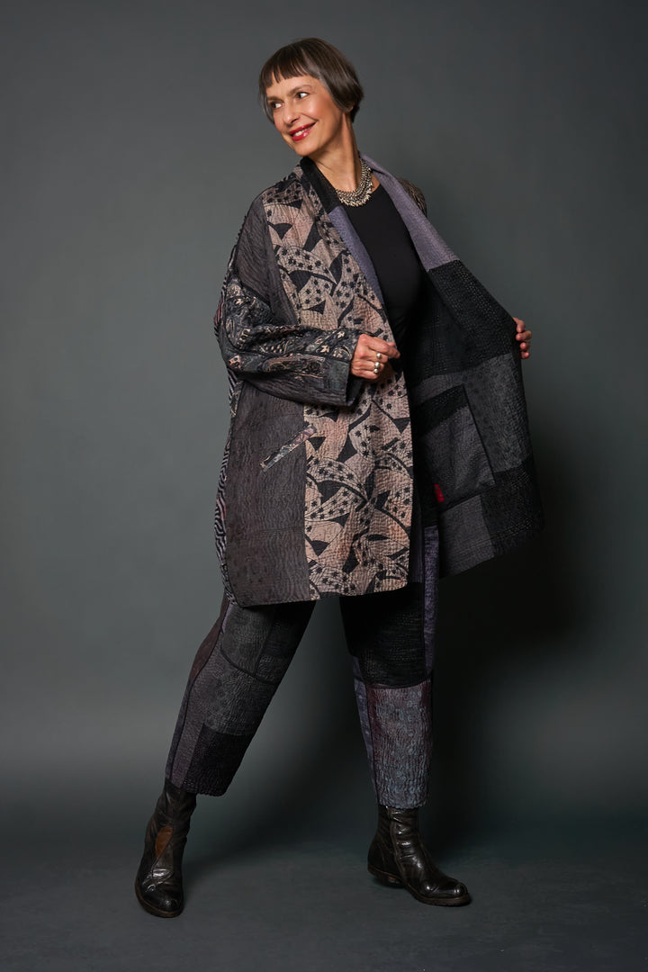 JACQUARD SILK KANTHA KAFTAN JACKET MEDIUM - js4089-blk -