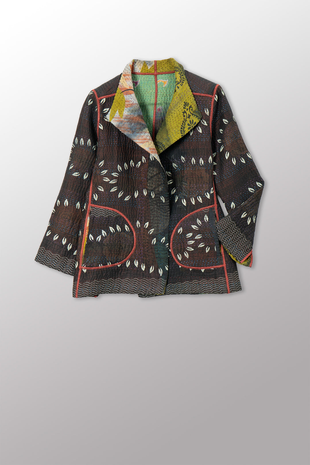 VINTAGE COTTON GREY CLAMP TIE DYE KANTHA SHORT JACKET - su4007-0001s -