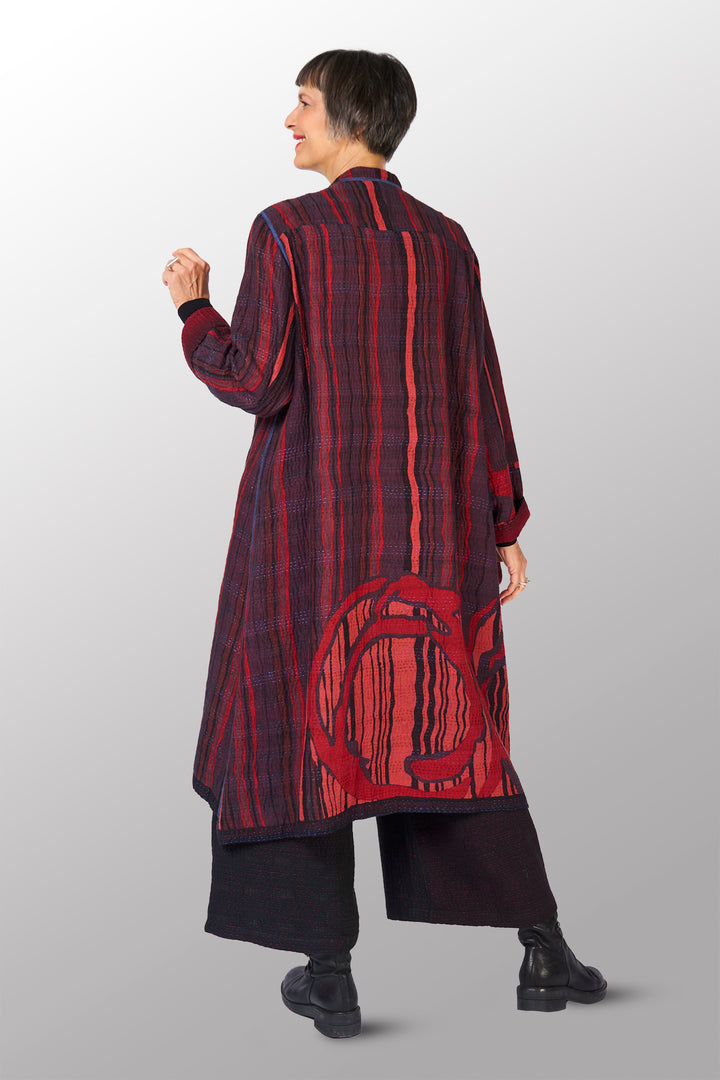 OVERDYED STRIPE AND BENDS KANTHA KAFTAN COAT - ov-sb4343-red -