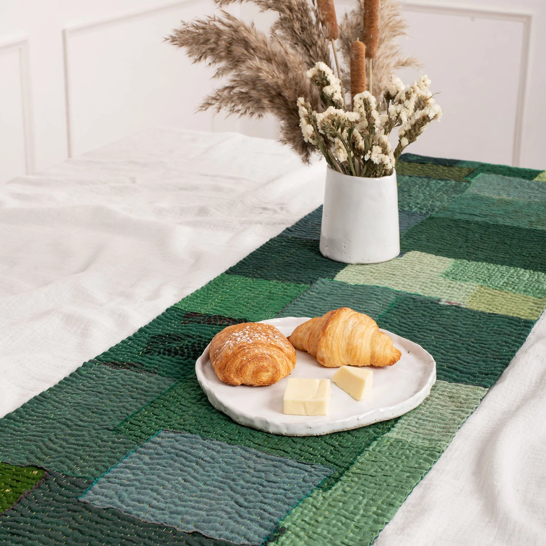 Landscape Fray Patch Vintage Kantha Runner -Green