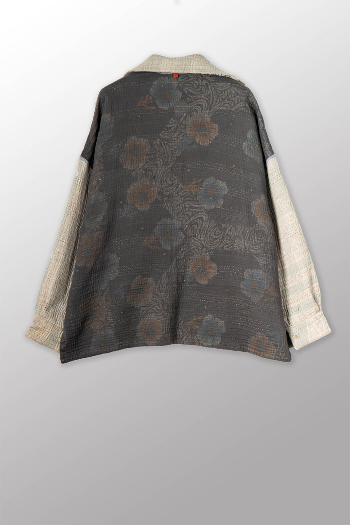 FRAYED PATCH KANTHA WITH STAMP RELAXED SHIRT JACKET - sp-fi4j105-gry -