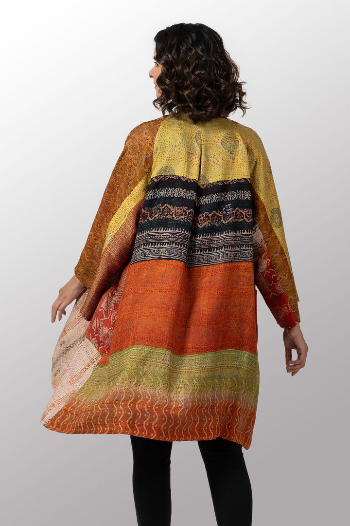 VINTAGE SILK KANTHA KIMONO DUSTER - sv2317-0014a -