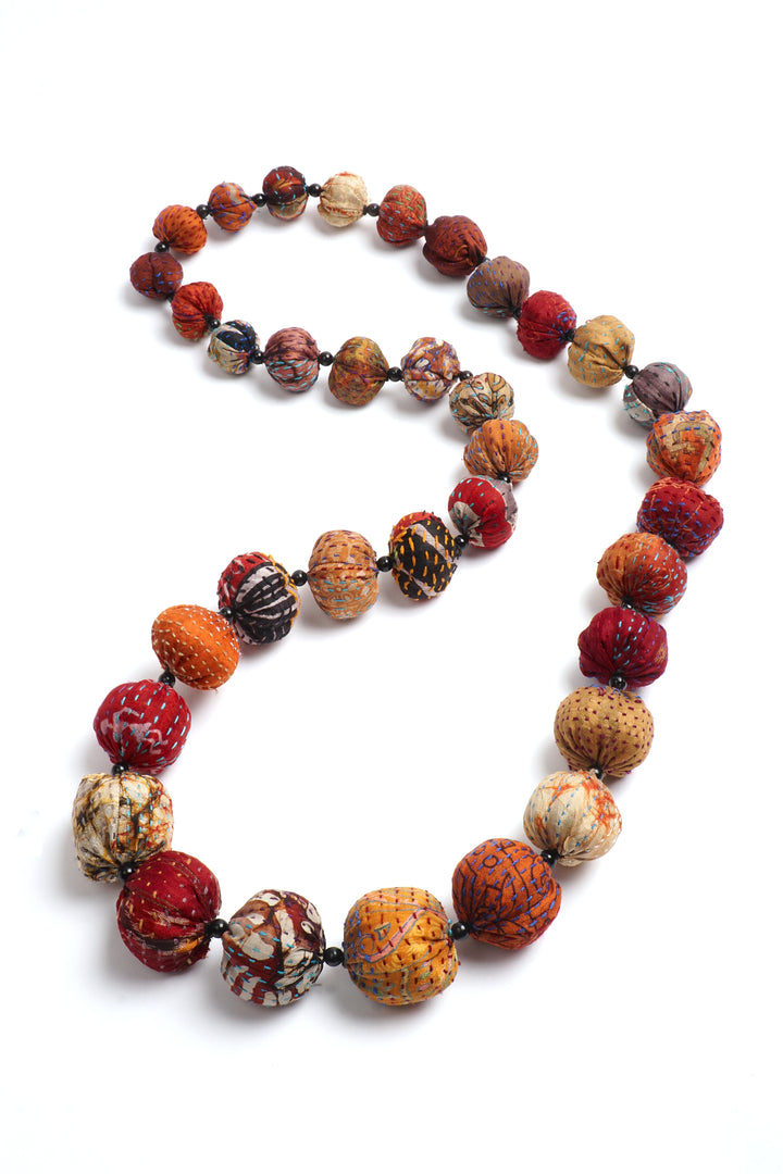 VINTAGE SILK KANTHA NUTS LONG NECKLACE - sv2702-brn -