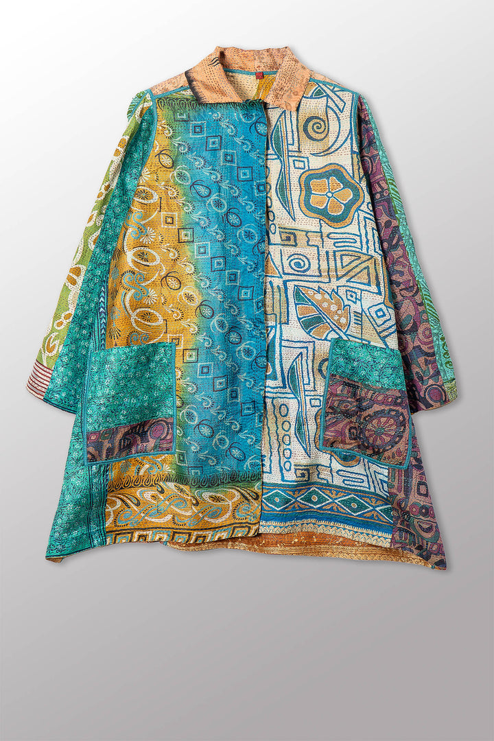 VINTAGE SILK KANTHA A-LINE DUSTER - sv2311-0015a -