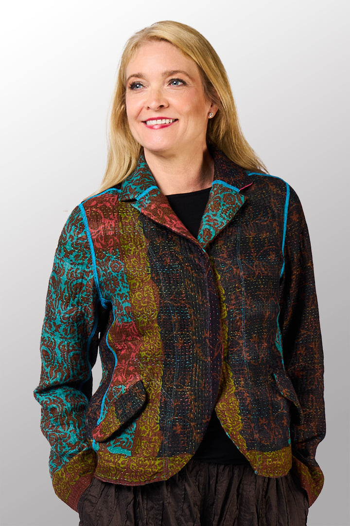 BAGH PRINT KANTHA CROPPED BASIC JACKET - bg4096-brn -