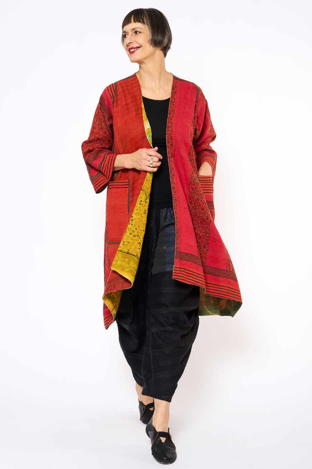 COTTON OVERDYE KANTHA WRAP FLARE COAT - ov2330-cred001a -