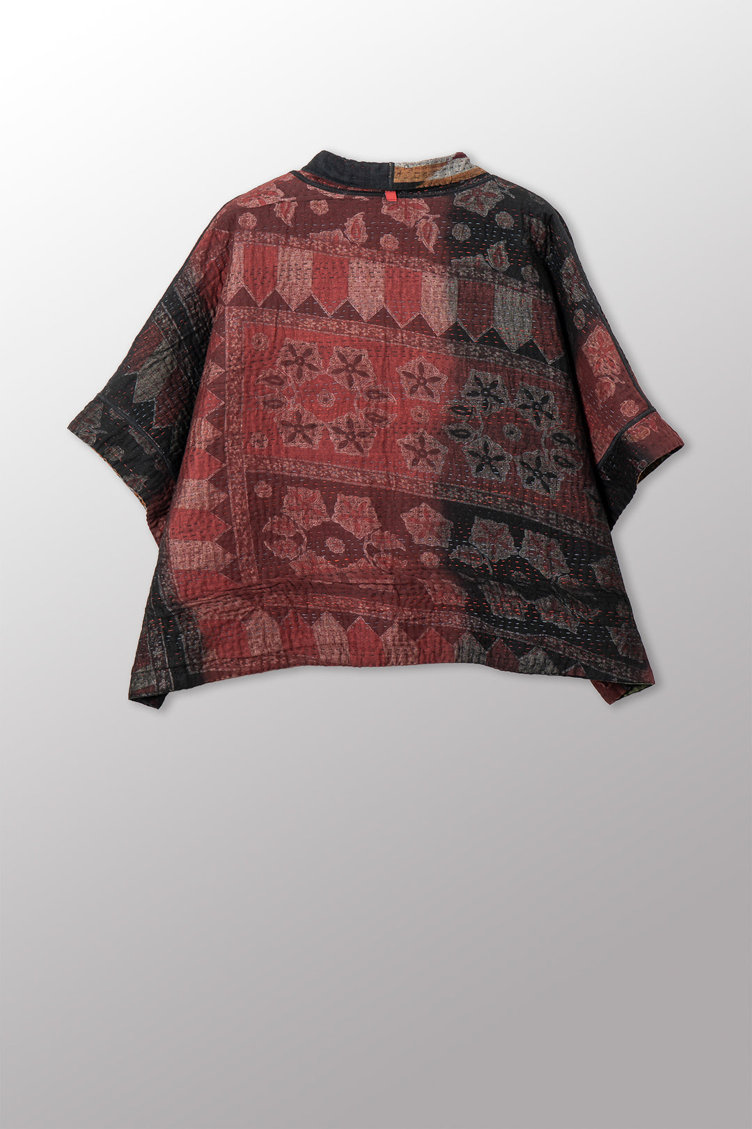 WOVEN HANDLOOM IKAT WITH OMBRE KANTHA MINI PONCHO - wh4060-red -