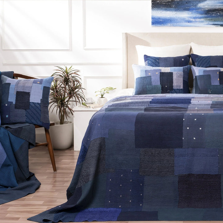 Landscape Fray Patch Vintage Kantha Quilts -Navy