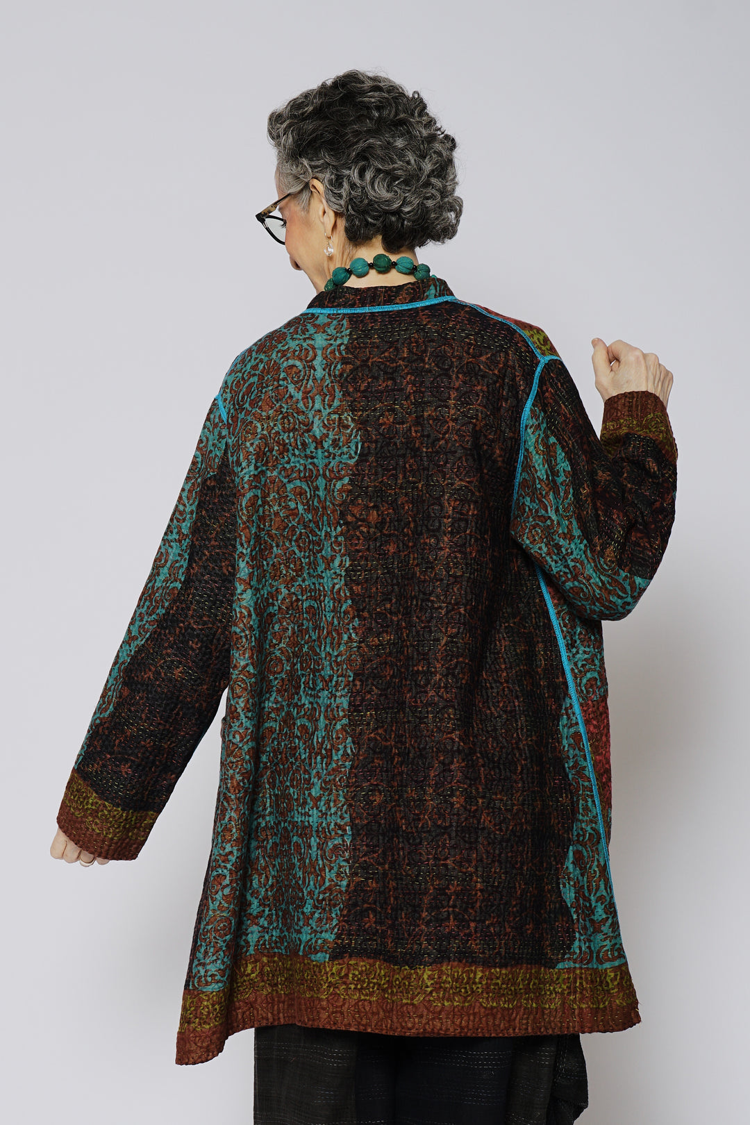 BAGH PRINT KANTHA KAFTAN JACKET MEDIUM - bg4089-brn -