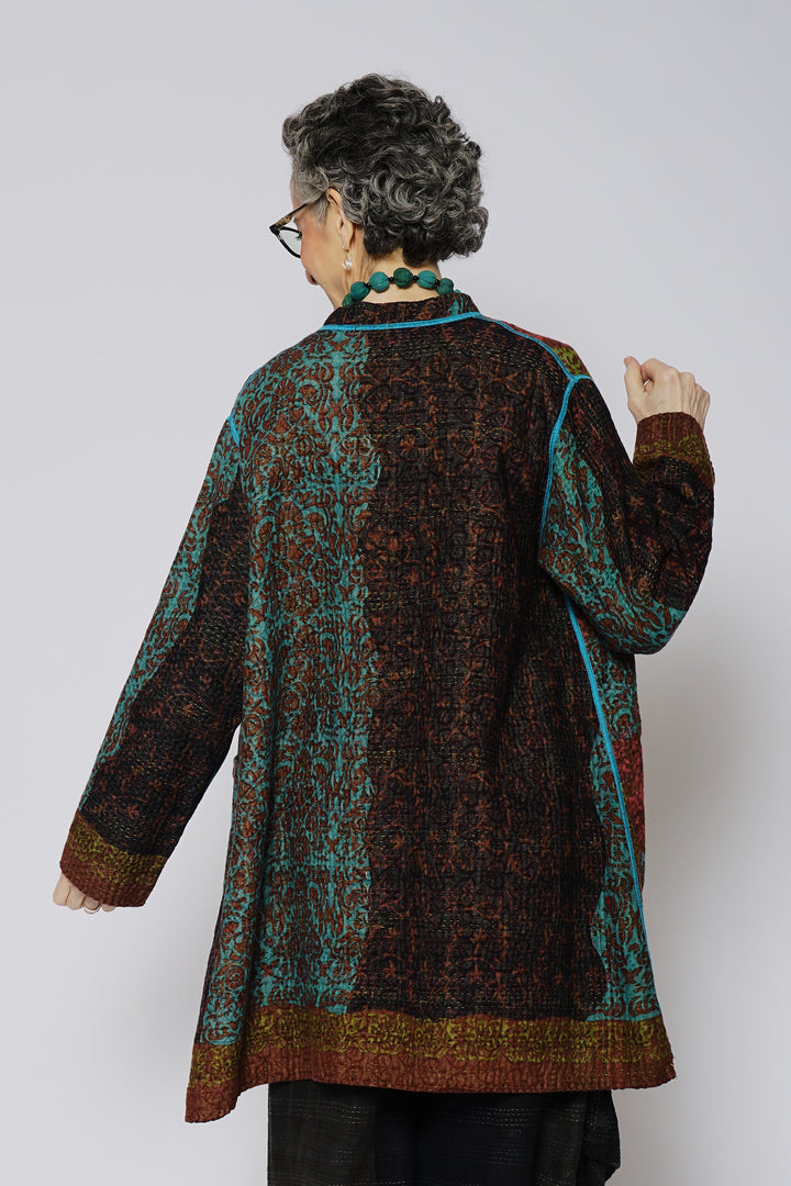 BAGH PRINT KANTHA KAFTAN JACKET MEDIUM - bg4089-brn -