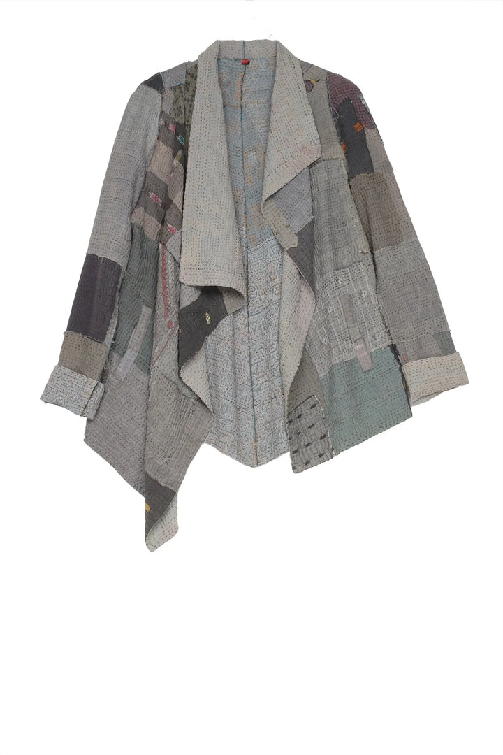 FRAYED PATCH KANTHA DRAPE COLLAR JKT - fi4037-gry -