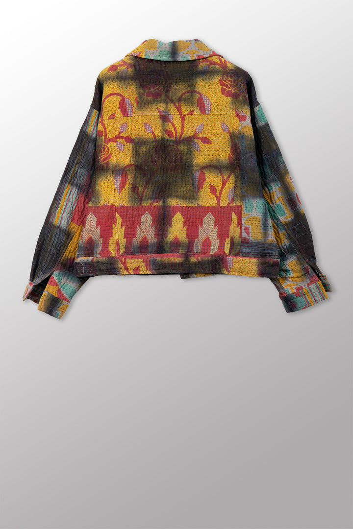 VINTAGE COTTON GREY CLAMP TIE DYE KANTHA OVERSIZED TRUCKER JACKET - su4j107-0001s -