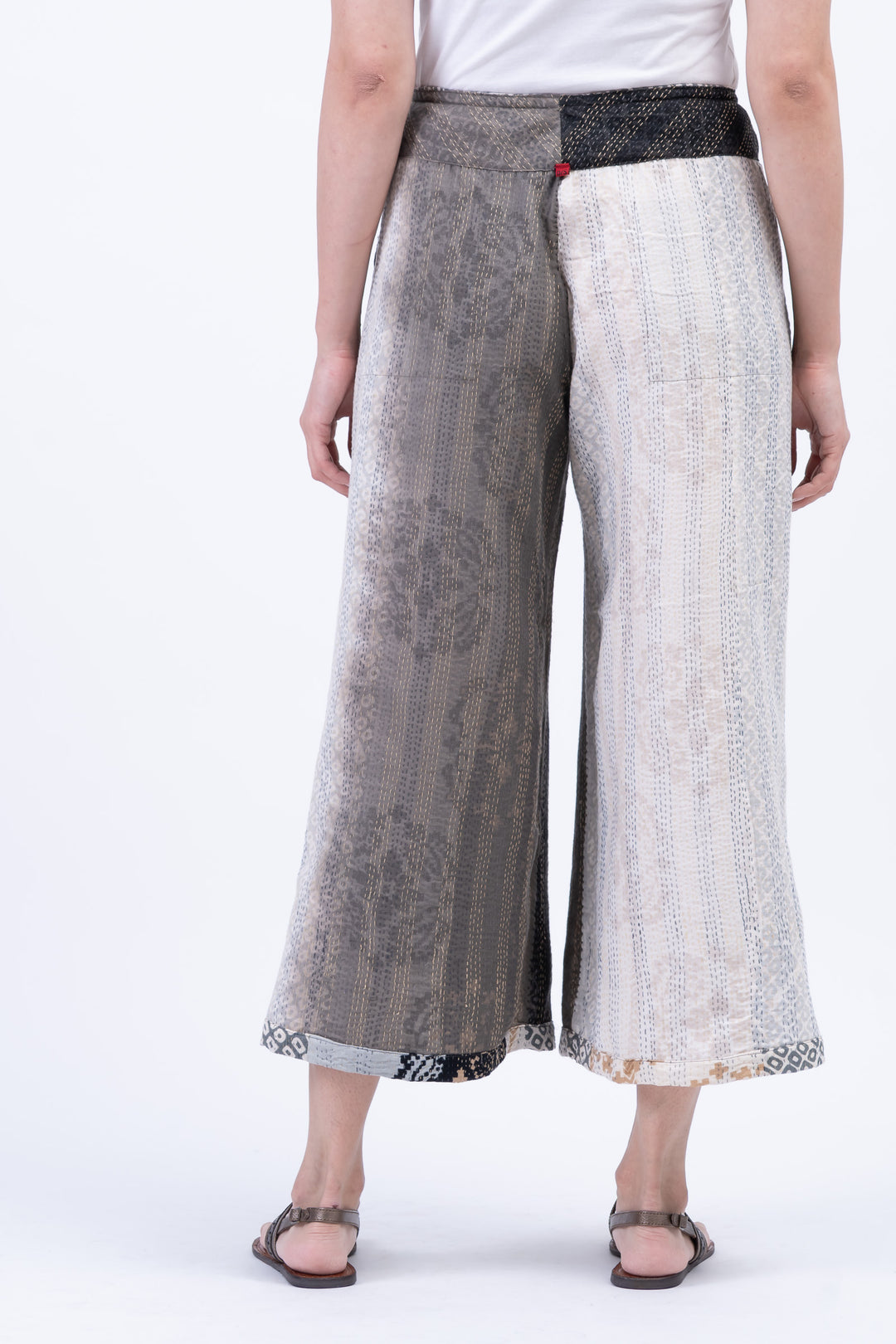 KIMONO COTTON KANTHA MID RISE WIDE LEG PANTS - kc2665-gry -