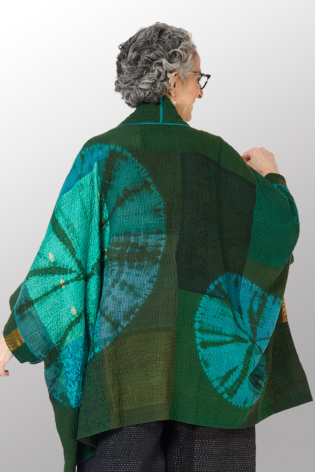 SHIBORI TIE DYE COTTON SILK SW PATCH KANTHA DOUBLE COLLAR PONCHO - st-ws4323-grn -