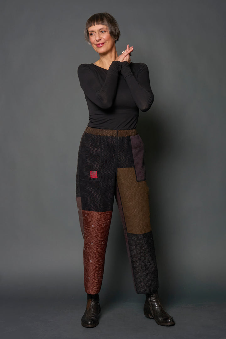 DENIM SUN-DYE KANTHA STRAIGHT PANTS - ds3664-brn -