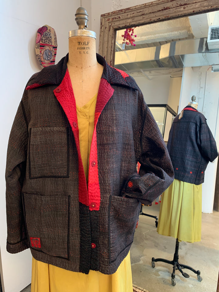 TWO TONE PATCH KANTHA WORKERS JACKET - tn4085-red -