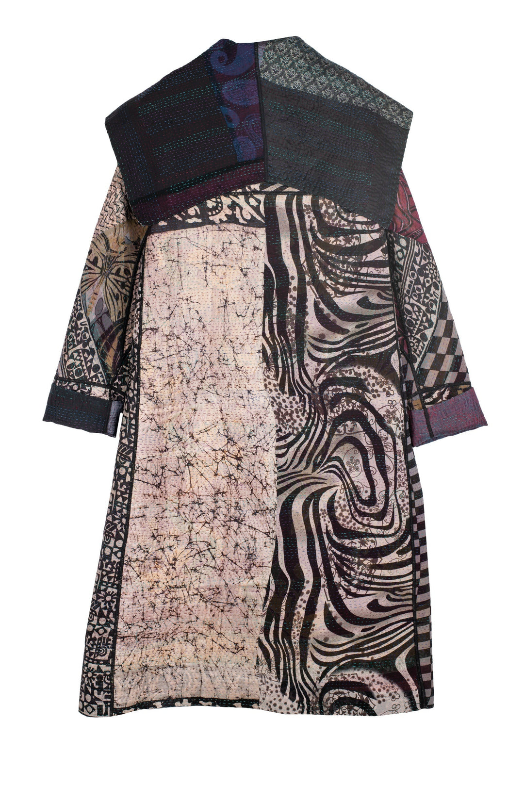JACQUARD SILK KANTHA A-LINE LONG COAT - js4302-blk -