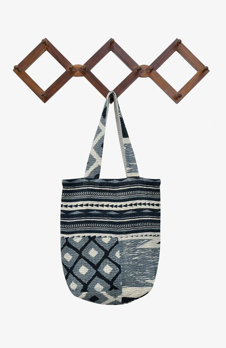Monotone Ikat Handmade Vintage Kantha Tote Bag -Monotone Black