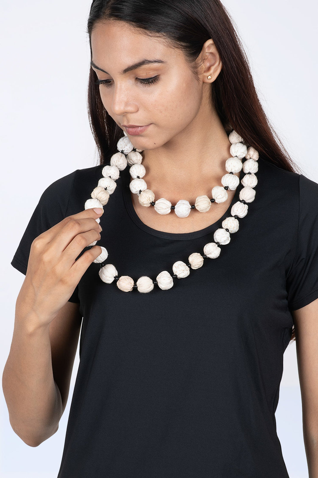 COTTON SILK SW PATCH KANTHA SMALL NUTS LONG NECKLACE - ws2706-ivy -