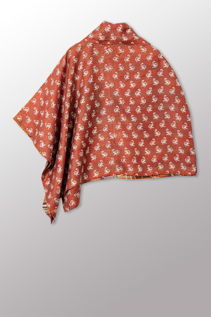 VINTAGE SILK KANTHA COWL NECK LONG CAPE - sv2842-0013a -