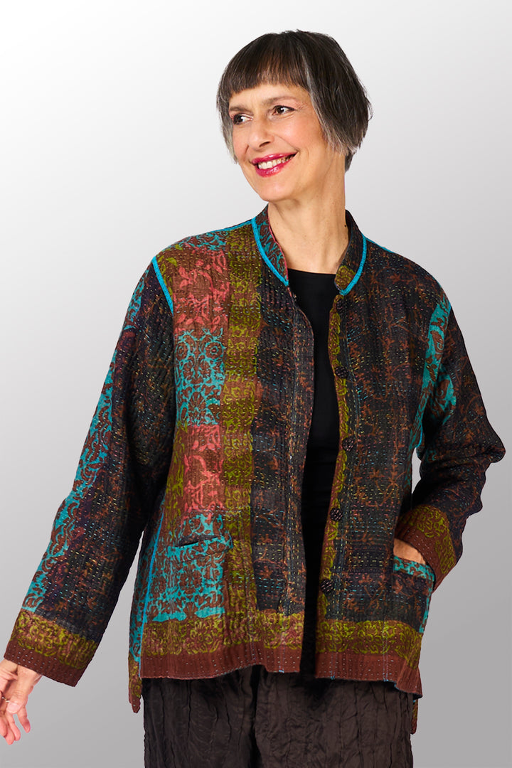 BAGH PRINT KANTHA KAFTAN JACKET SHORT - bg4088-brn -