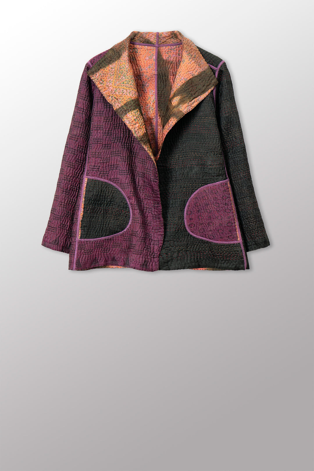 VINTAGE PRINTED SILK CLAMP DYE WITH JACQUARD KANTHA SHORT JACKET - sk4007-0001m -