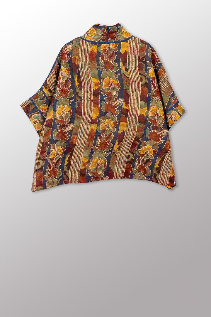 VINTAGE SILK GEORGETTE COTTON KANTHA MINI PONCHO - gc4060-0002a -