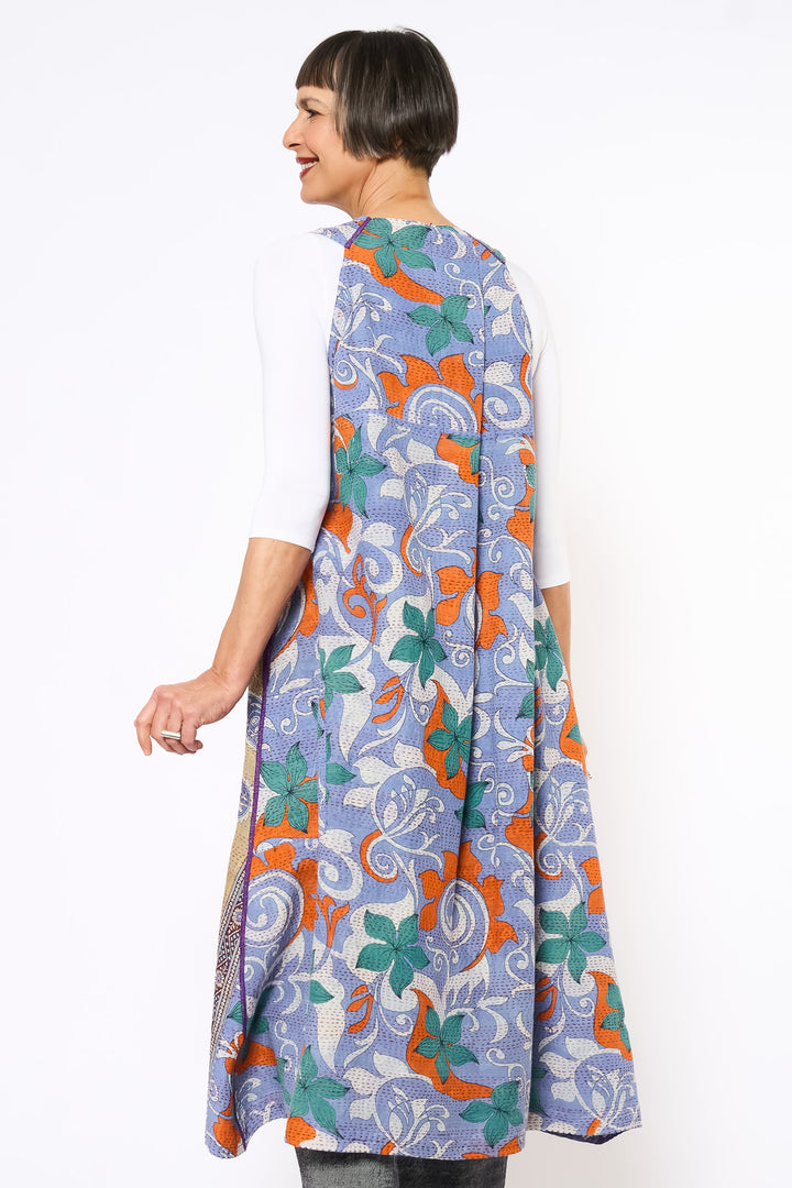 VINTAGE COTTON KANTHA BACK PLEATED VEST MAXI - cv2222-0008a -
