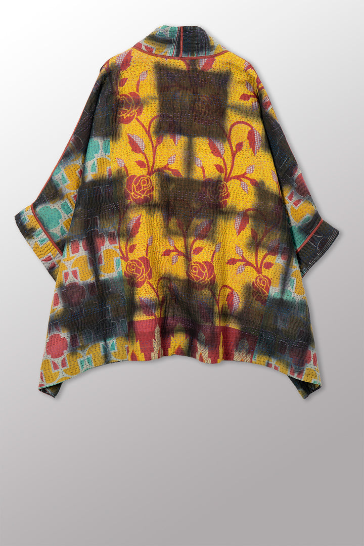 VINTAGE COTTON GREY CLAMP TIE DYE KANTHA DOUBLE COLLAR PONCHO - su4323-0001a -