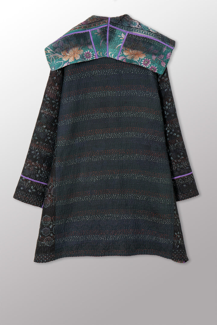 VINTAGE COTTON GREY CLAMP TIE DYE KANTHA POCKET MEDIUM COAT - su4316-0001m -