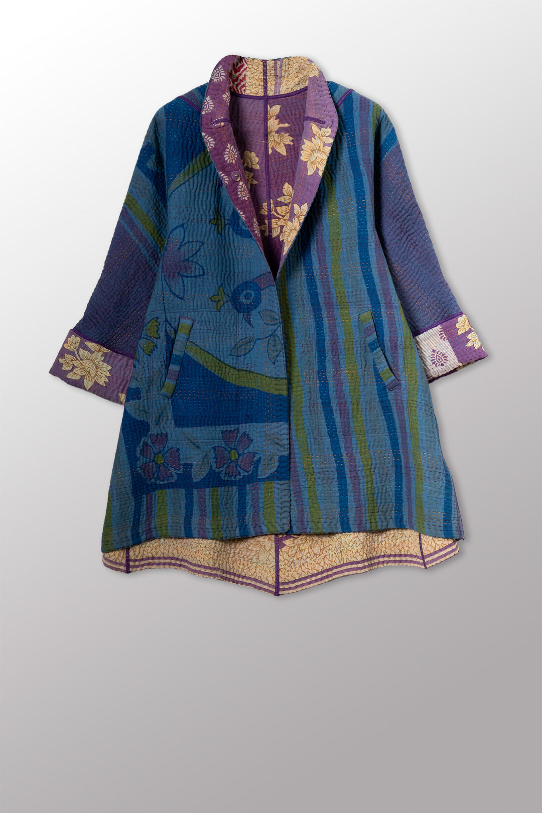 VINTAGE COTTON KANTHA FLARE LONG JACKET - cv4021-0057s -