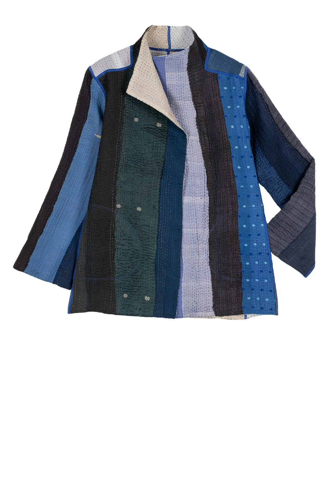 COTTON STRIPE PATCH KANTHA SHORT JKT - cs4007-blu -