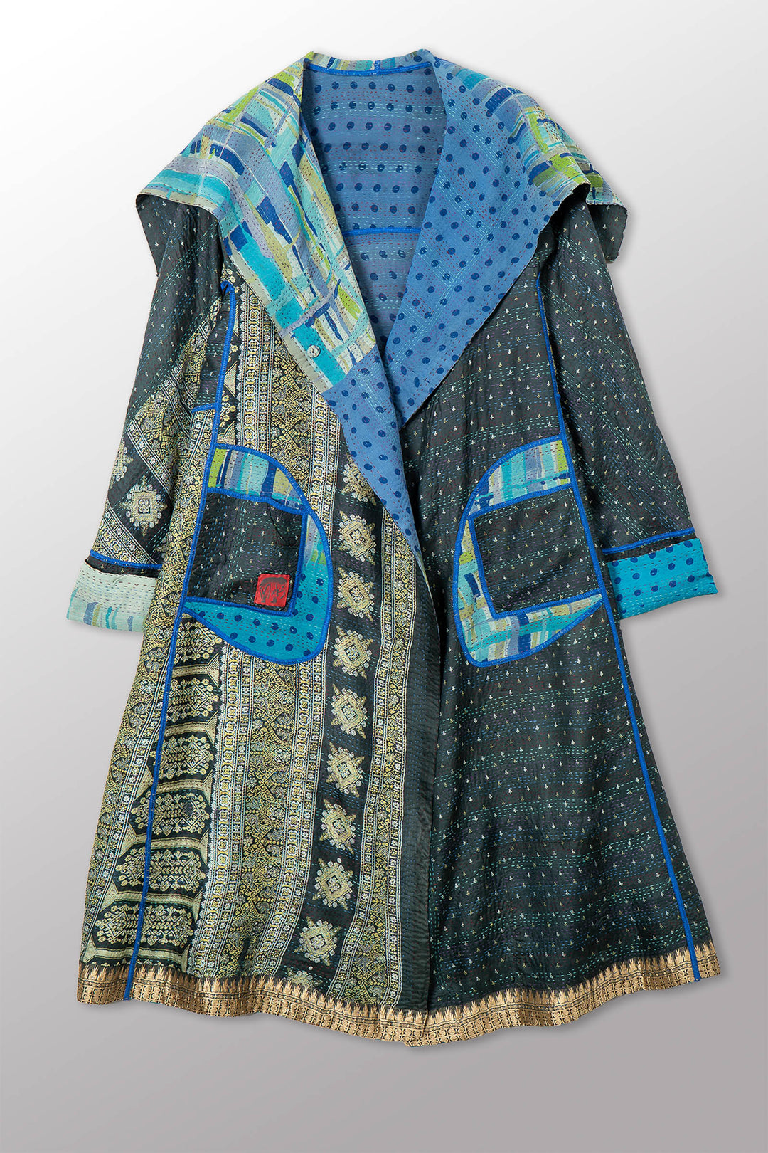 VINTAGE SILK GEORGETTE KANTHA A-LINE LONG COAT - sg2302-0002a -