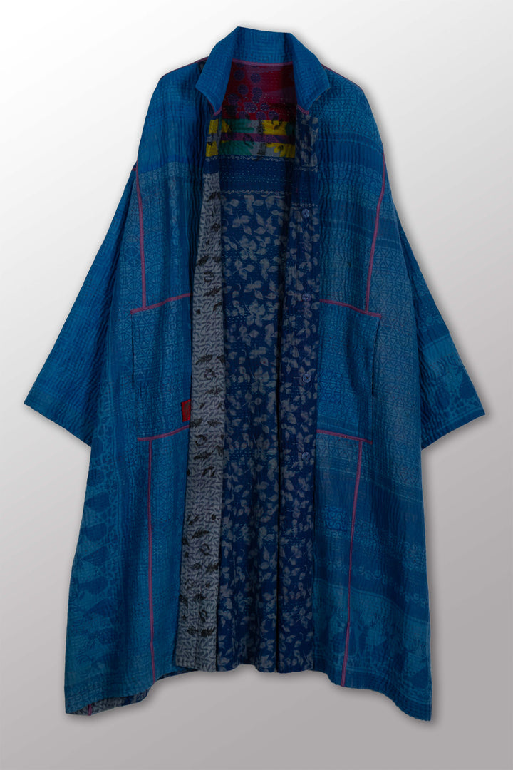 COTTON OVERDYE KANTHA NEW OVERSIZED COAT - ov4342-cblu002a -